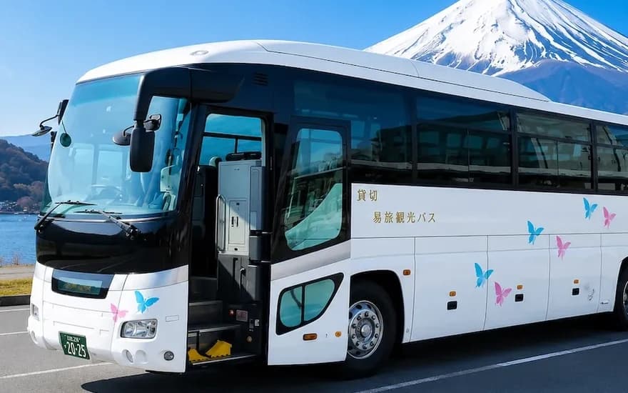 Bus pariwisata besar dengan latar Gunung Fuji untuk rombongan di Jepang
